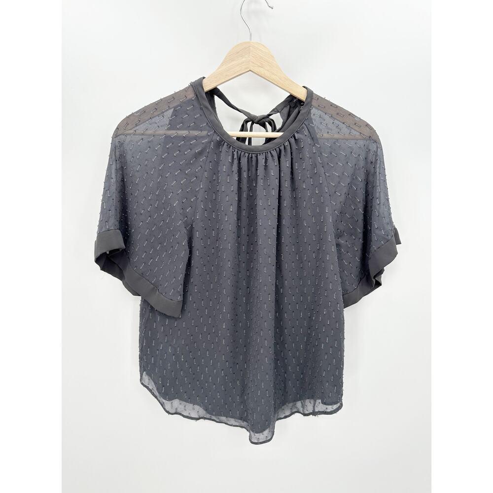 Ann Taylor Gray Beaded Clip Dot Tie‎ Back Shirring Blouse Womens XS CC1757